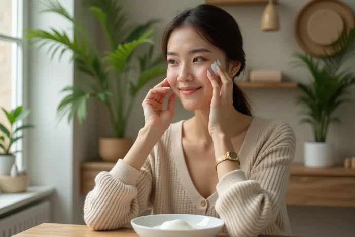 Femme appliquant une creme visage naturelle dans une salle de bain lumineuse