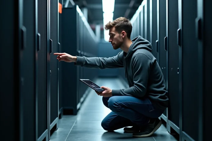 Technicien informatique consultant une checklist pour résoudre un bug no label dans une salle serveur