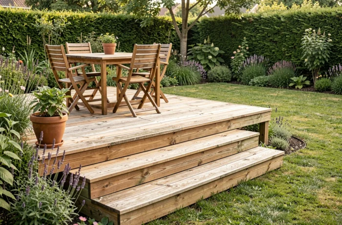 Terrasse en bois surélevée dans un jardin résidentiel avec table et chaises formant un espace de vie extérieur distinct