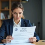 Femme professionnelle vérifiant l'authenticité d'un diplôme RNCP dans un bureau moderne