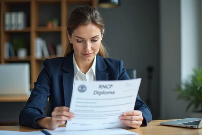 Femme professionnelle vérifiant l'authenticité d'un diplôme RNCP dans un bureau moderne