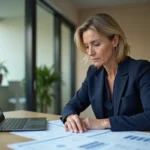 Comptable femme vérifiant des documents financiers pour une déclaration de chiffre d'affaires Urssaf