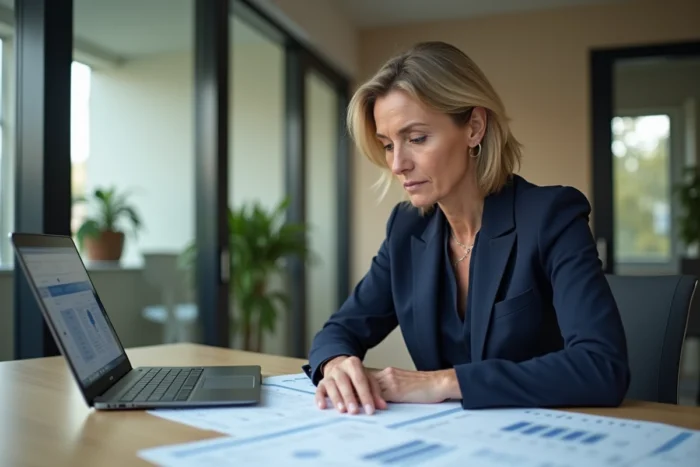 Comptable femme vérifiant des documents financiers pour une déclaration de chiffre d'affaires Urssaf