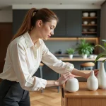 Femme élégante arrangeant des vases en céramique dans un intérieur scandinave