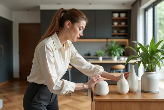 Femme élégante arrangeant des vases en céramique dans un intérieur scandinave