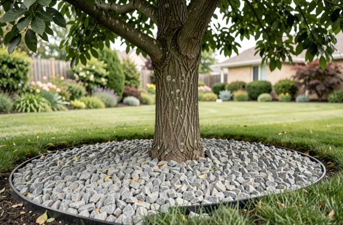 Zone de gravier drainant disposée en cercle autour du pied d'un arbre existant dans un jardin résidentiel